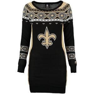 Official NFL Klew Black New Orleans Saints Big Logo Ugly Sweater Dress - LARGE